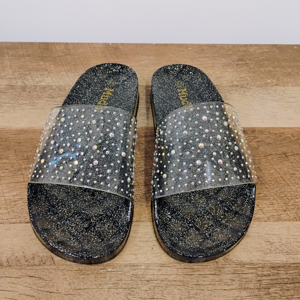 Mudd Womens Black Glitter Jelly Slide Sandals Clear Rhinestone Strap Size 7.5